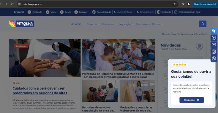 Prefeitura de Petrolina disponibiliza pesquisa sobre serviços oferecidos no site oficial